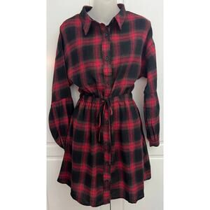 NWT Blooming Jelly Plaid Button Front Flannel Dress Drawstring Waist Size M